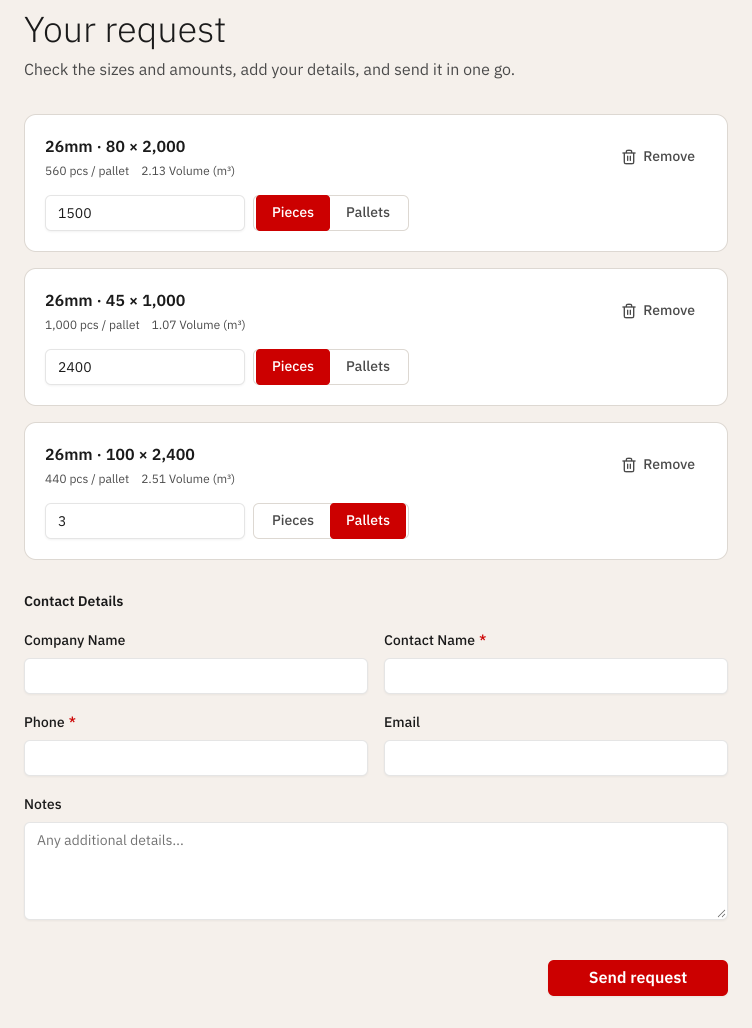 A request with three sizes, each with a quantity in pieces or pallets, above empty contact fields where only the name and phone are marked required.