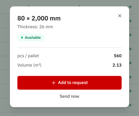 The panel behind one size: its dimensions and thickness, that it is available, pallet count and volume, and buttons to add it to a request or send now.