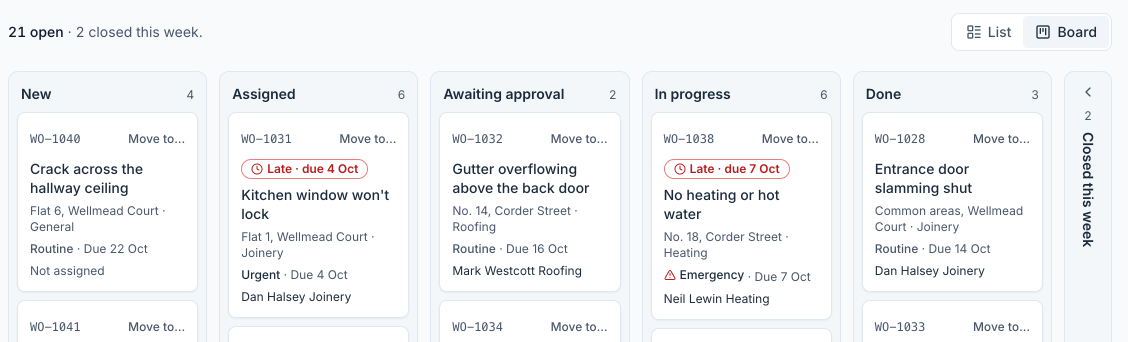 The jobs as a board, in columns from New to Done, with late jobs marked.