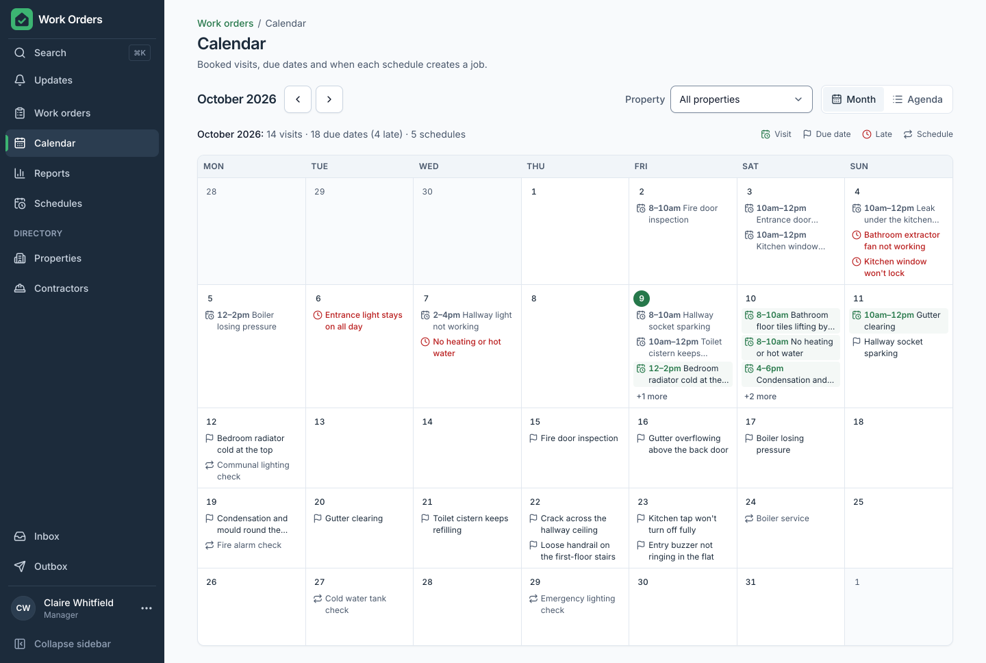 A month calendar of booked visits, due dates, late jobs and recurring checks.