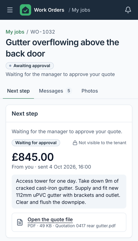 The same quote on the contractor’s phone, waiting for the manager’s approval and marked not visible to the tenant.