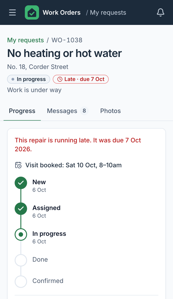 A tenant’s request on a phone: no heating or hot water, in progress and running late, a visit booked, and a tracker from New to Confirmed.