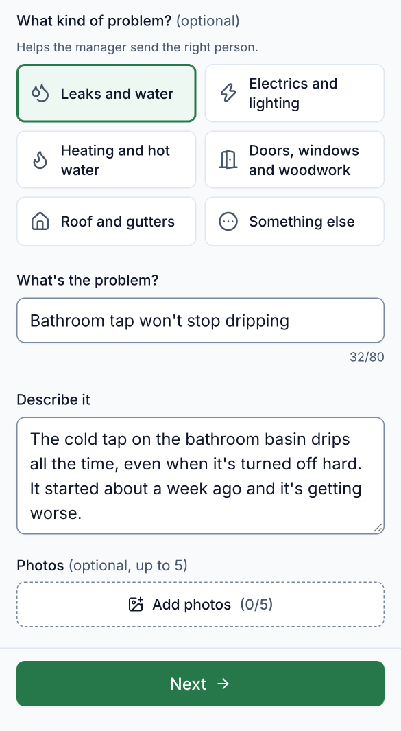 A tenant reporting a repair on a phone: a problem type chosen from six, a short title and a description.